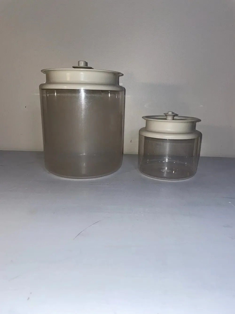 Vintage Tupperware Canisters 10 c 1484-5 3-3/4c 1479-4 Push Button Ivory Color